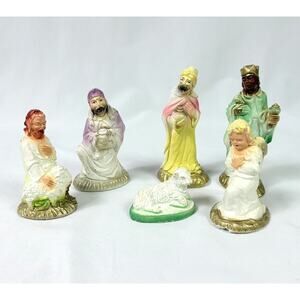 Vtg MCM Nativity Hand Painted Chalkware Figures 1950s Wise Men Shepherd Angel